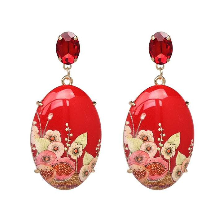 Elegant Women Resin Oval Shape Flower Pendant Earrings Rhinestone Inlaid Jewelry Image 3