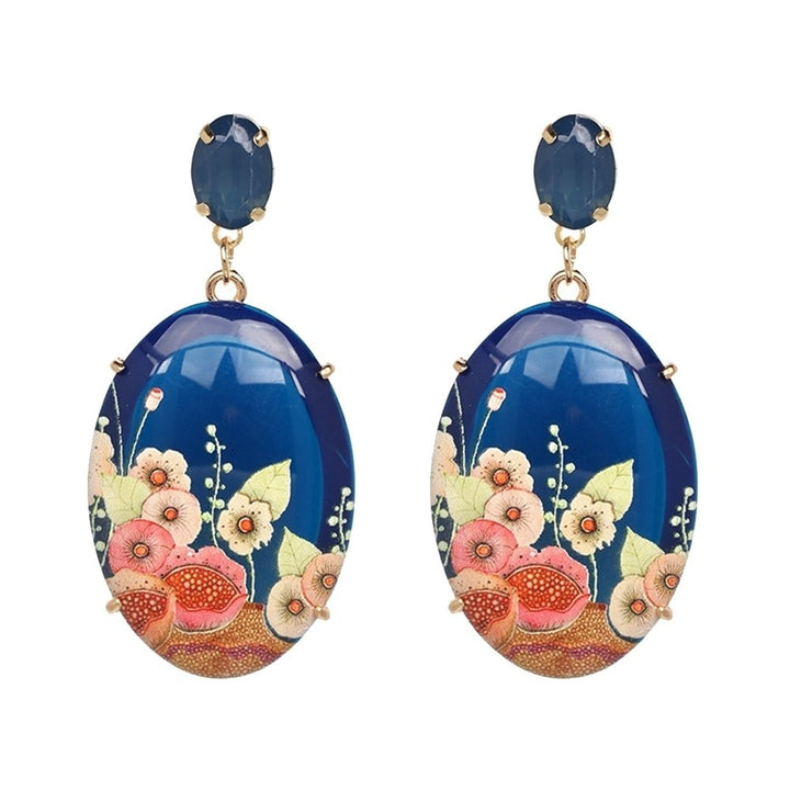 Elegant Women Resin Oval Shape Flower Pendant Earrings Rhinestone Inlaid Jewelry Image 4