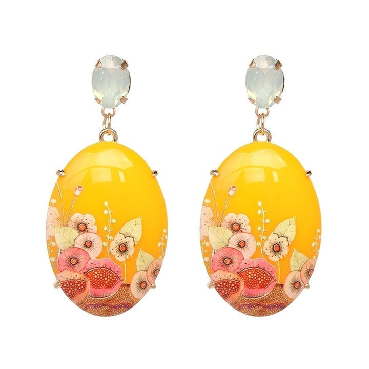 Elegant Women Resin Oval Shape Flower Pendant Earrings Rhinestone Inlaid Jewelry Image 4