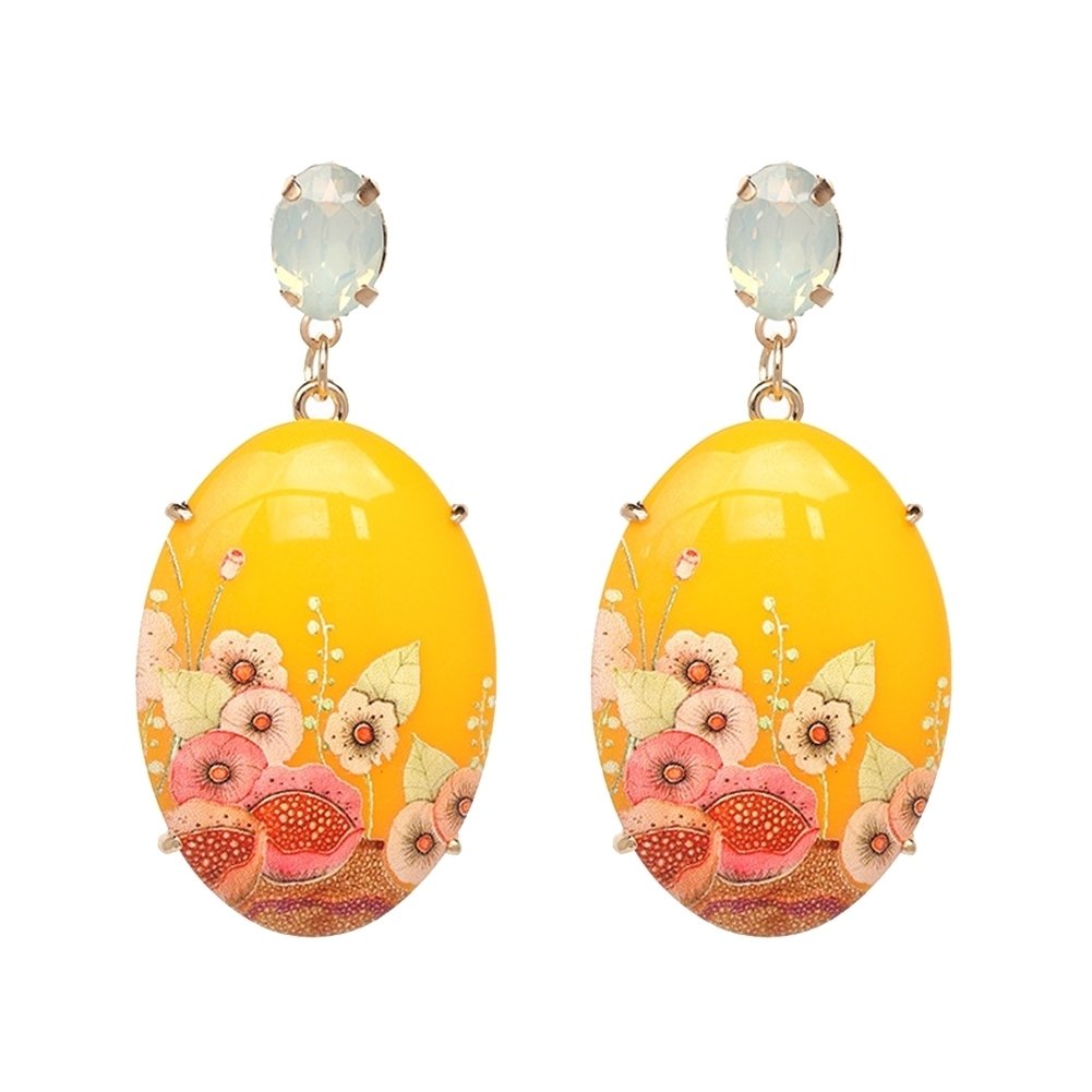 Elegant Women Resin Oval Shape Flower Pendant Earrings Rhinestone Inlaid Jewelry Image 1