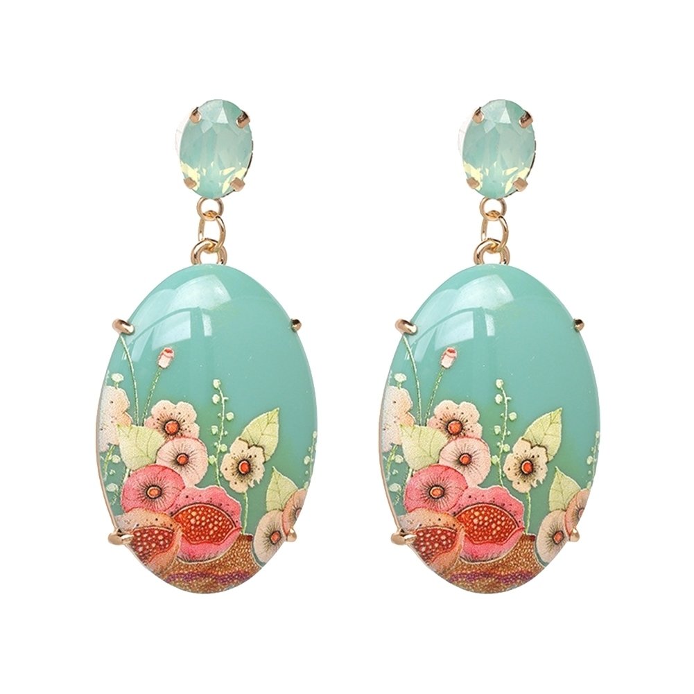 Elegant Women Resin Oval Shape Flower Pendant Earrings Rhinestone Inlaid Jewelry Image 6