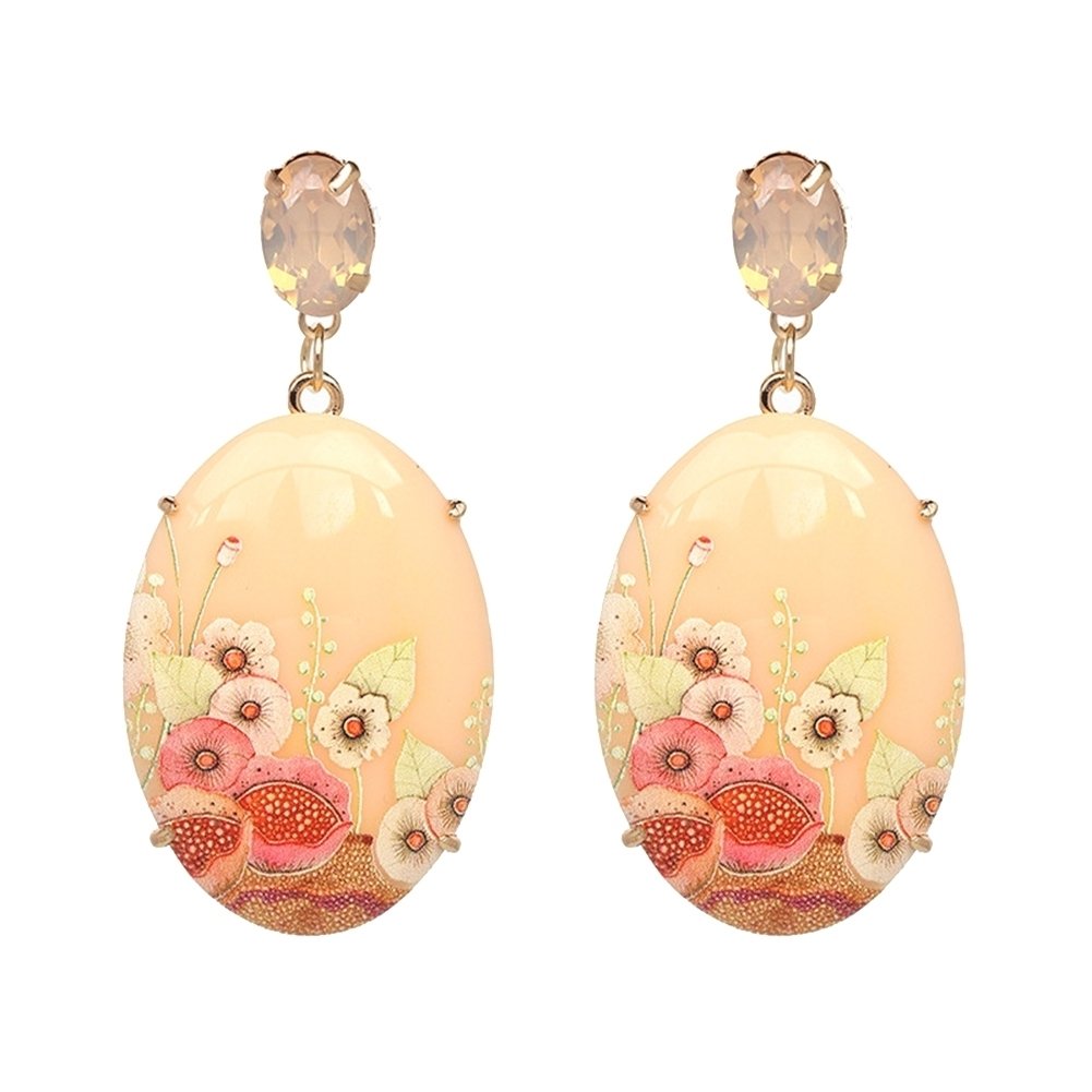 Elegant Women Resin Oval Shape Flower Pendant Earrings Rhinestone Inlaid Jewelry Image 7