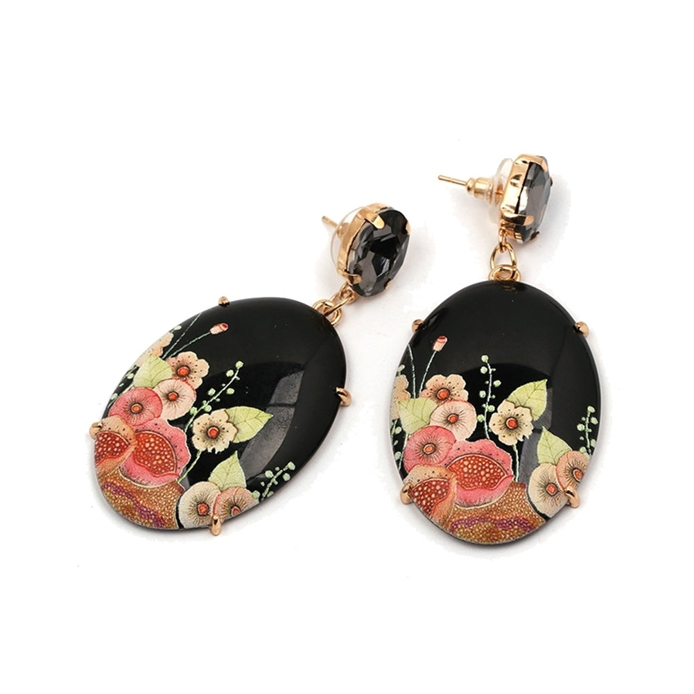 Elegant Women Resin Oval Shape Flower Pendant Earrings Rhinestone Inlaid Jewelry Image 10