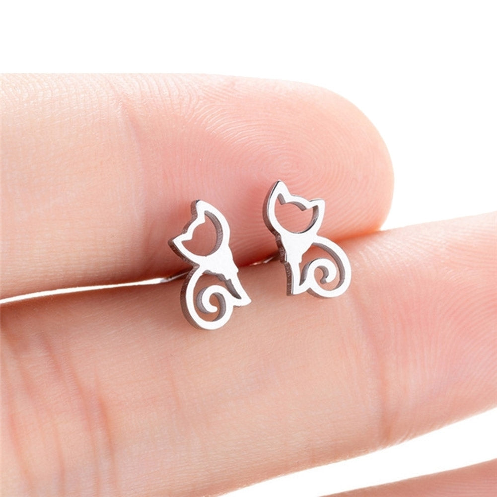 Minimalist Hollow Cat Stainless Steel Stud Earrings Cute Animal Women Jewelry Image 2