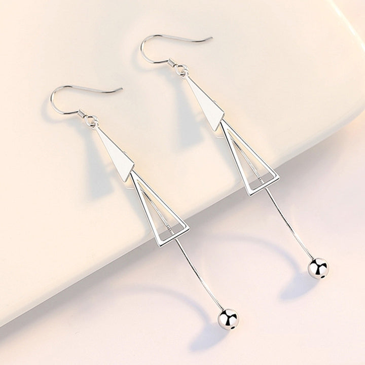 Women Fashion Double Triangle Tassel Ball Long Dangle Hook Earrings Jewelry Image 7