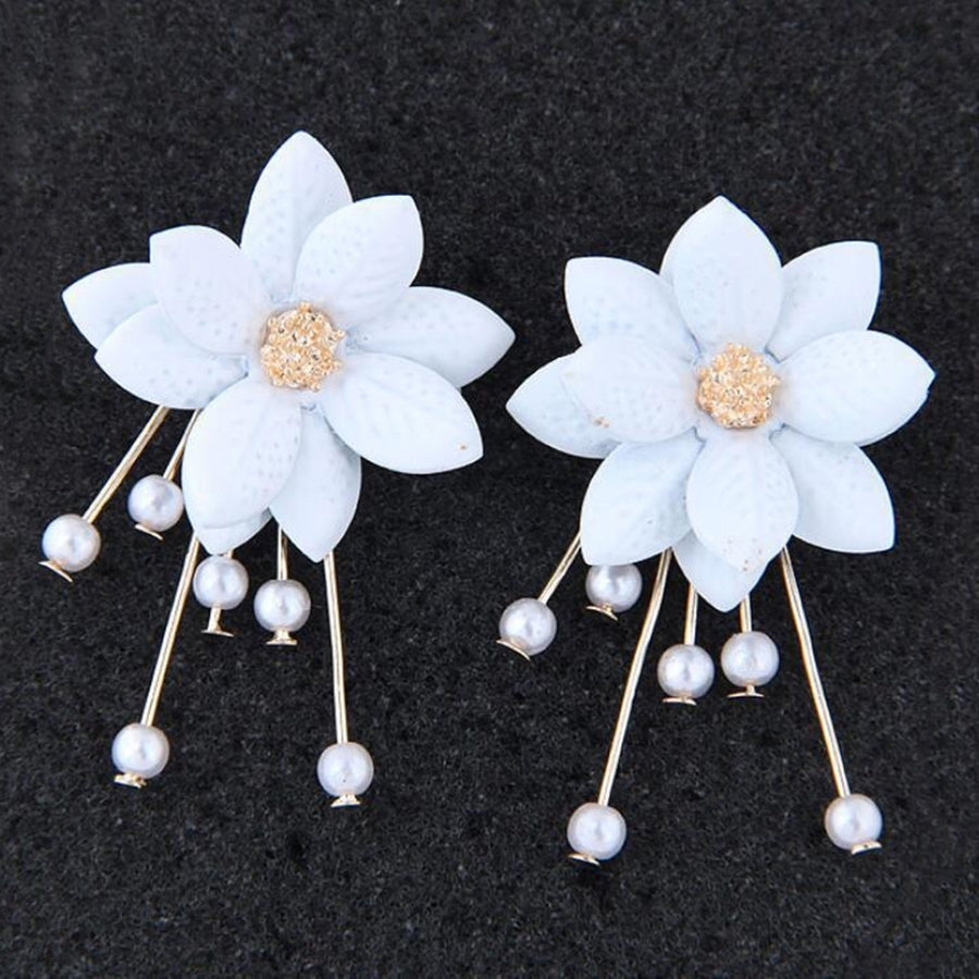 Sweet Women Flower Petal Faux Pearl Drop Dangle Two Wearing Earrings Jewelry Image 1