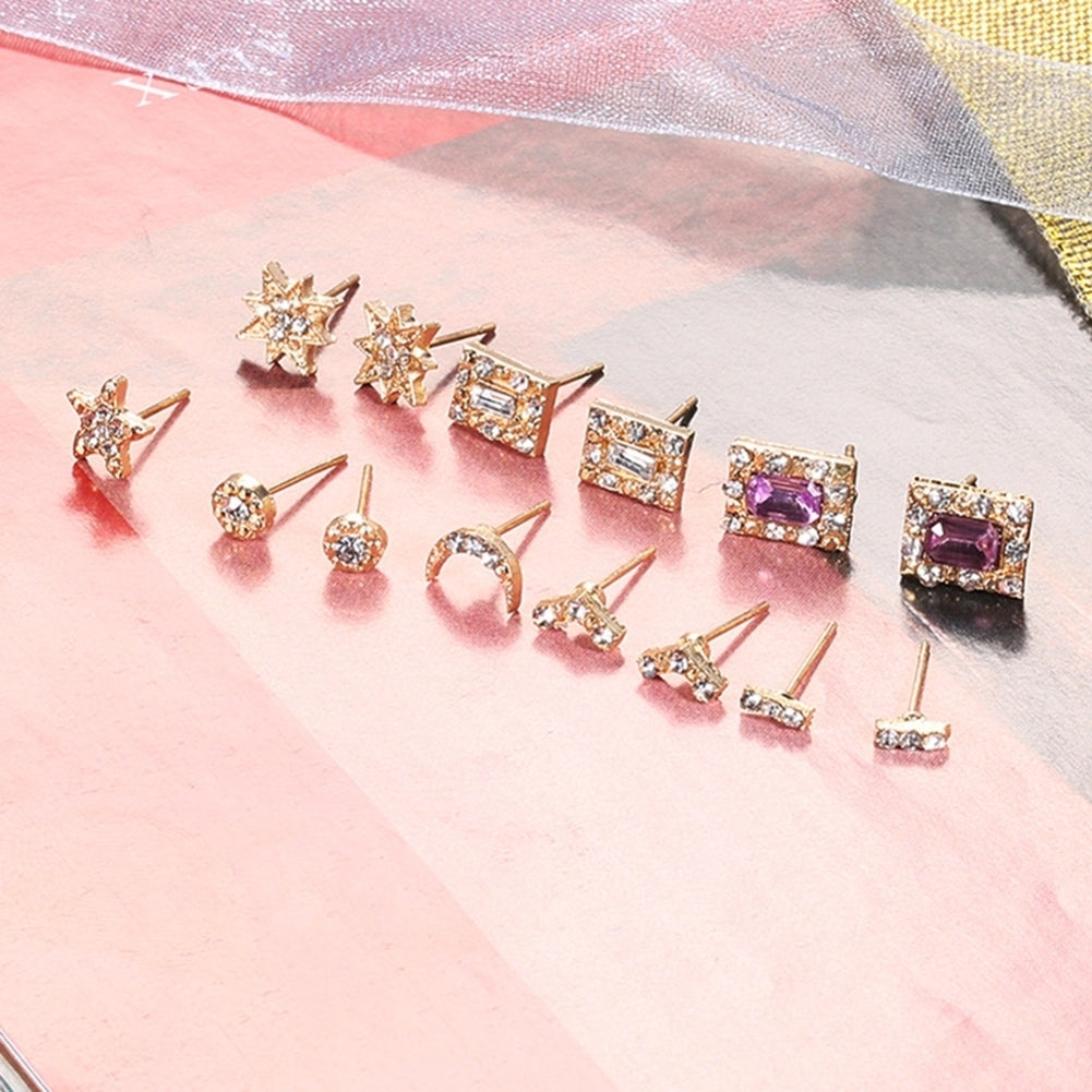 7 Pairs Sun Star Moon V-shaped Square Rhinestone Stud Earrings Set Lady Jewelry Image 2