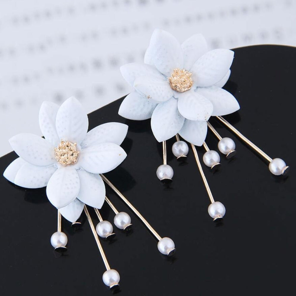 Sweet Women Flower Petal Faux Pearl Drop Dangle Two Wearing Earrings Jewelry Image 4