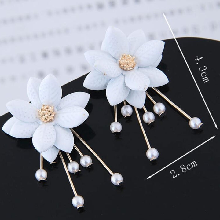 Sweet Women Flower Petal Faux Pearl Drop Dangle Two Wearing Earrings Jewelry Image 4