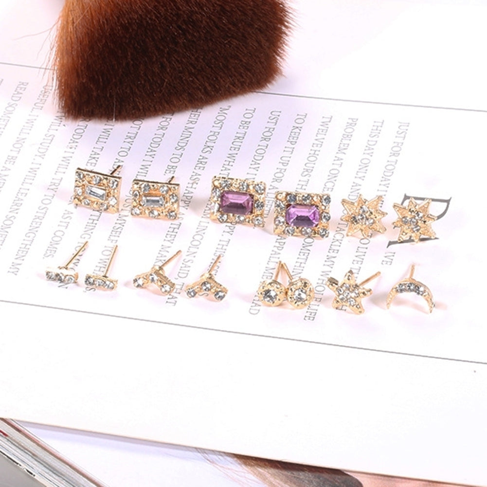 7 Pairs Sun Star Moon V-shaped Square Rhinestone Stud Earrings Set Lady Jewelry Image 4