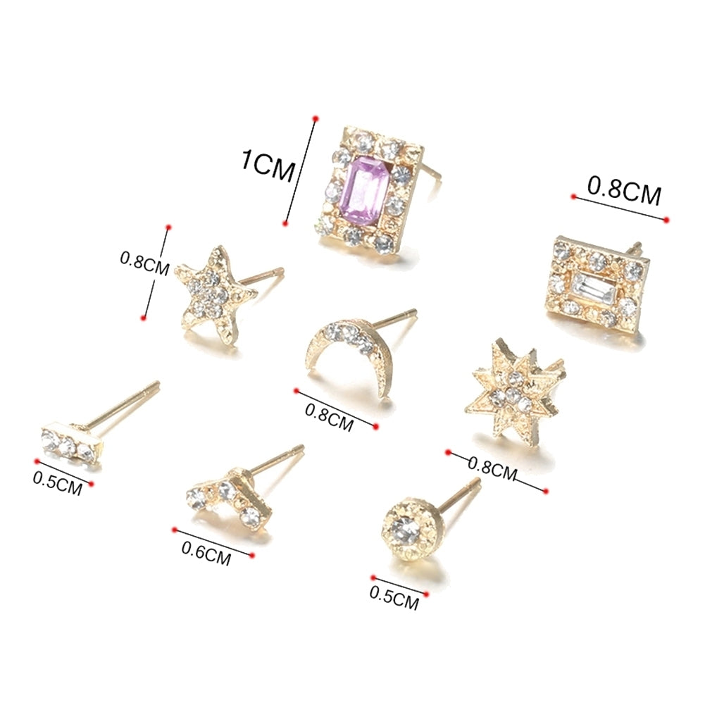 7 Pairs Sun Star Moon V-shaped Square Rhinestone Stud Earrings Set Lady Jewelry Image 6