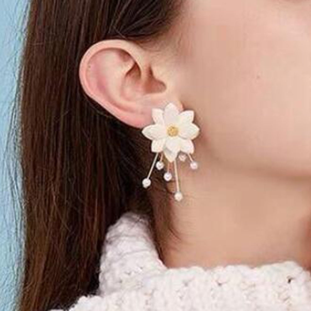 Sweet Women Flower Petal Faux Pearl Drop Dangle Two Wearing Earrings Jewelry Image 7