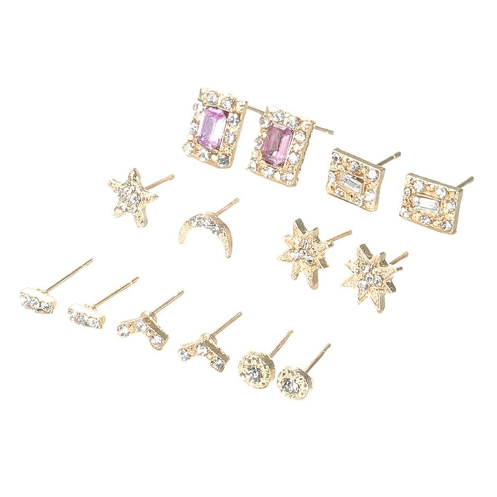 7 Pairs Sun Star Moon V-shaped Square Rhinestone Stud Earrings Set Lady Jewelry Image 7