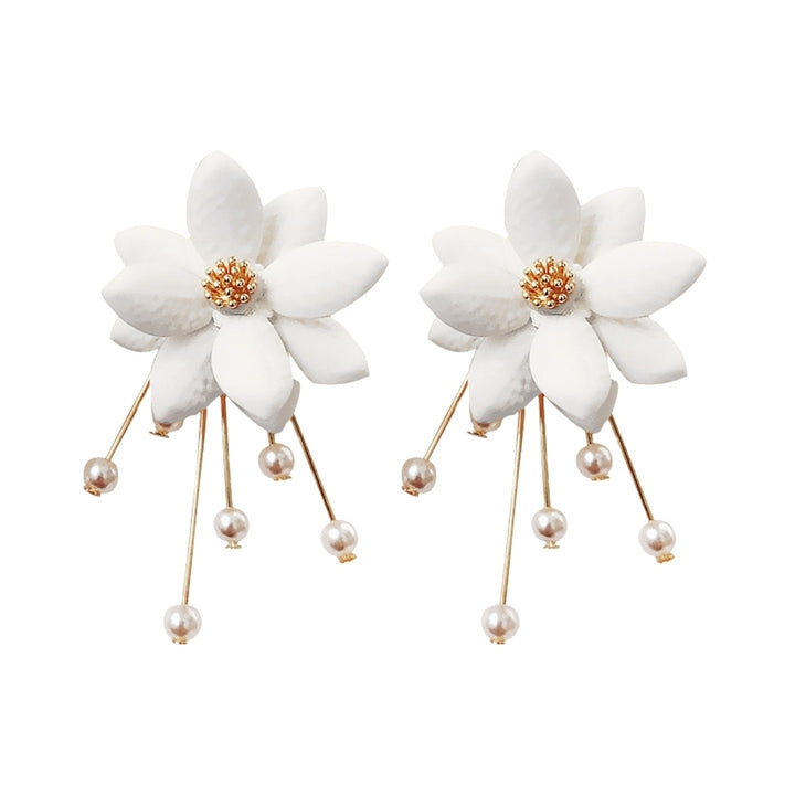 Sweet Women Flower Petal Faux Pearl Drop Dangle Two Wearing Earrings Jewelry Image 9