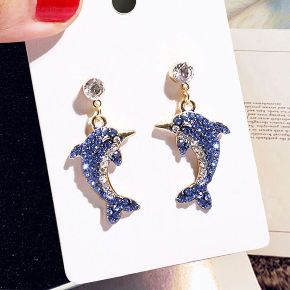 Cute Dolphin Shape Shiny Full Rhinestone Inlaid Women Stud Earrings Jewelry Gift Image 1