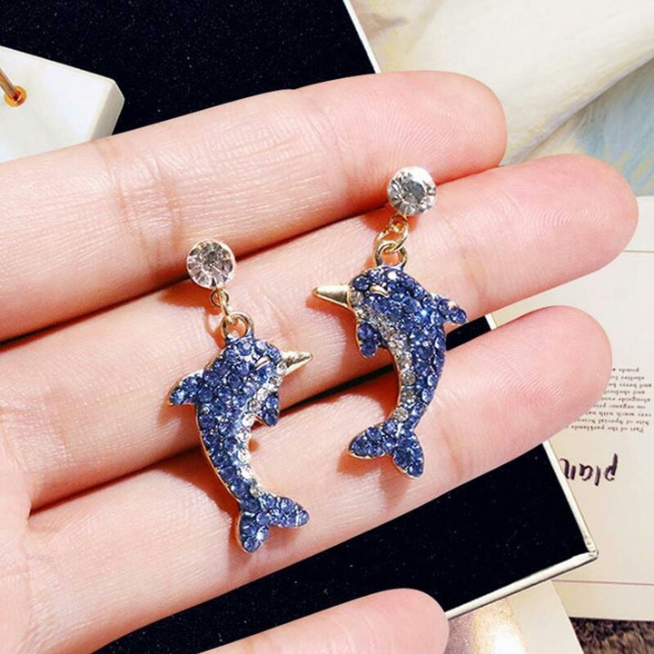 Cute Dolphin Shape Shiny Full Rhinestone Inlaid Women Stud Earrings Jewelry Gift Image 4