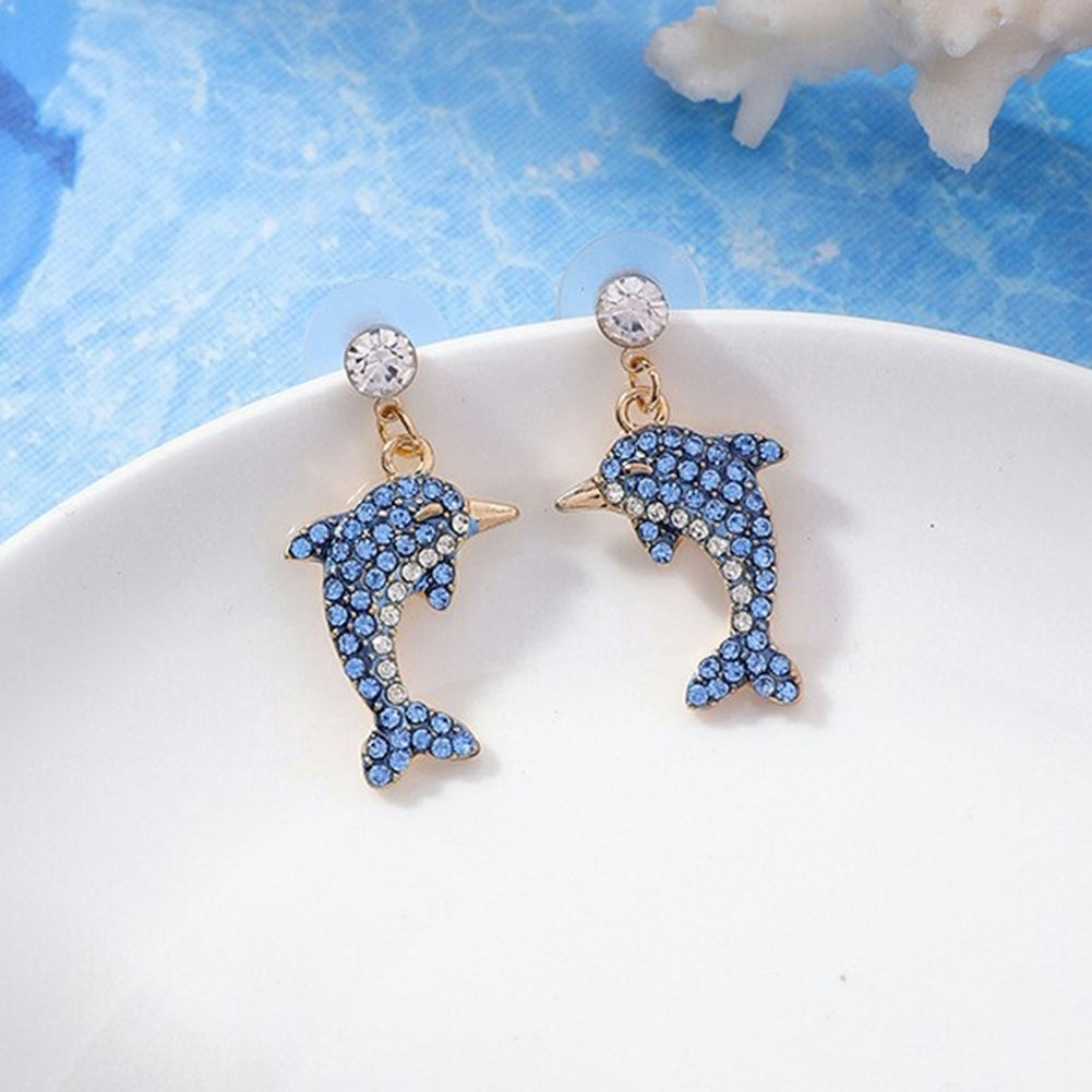 Cute Dolphin Shape Shiny Full Rhinestone Inlaid Women Stud Earrings Jewelry Gift Image 4