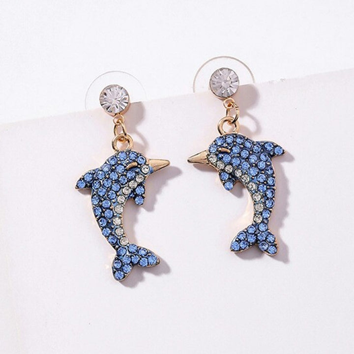 Cute Dolphin Shape Shiny Full Rhinestone Inlaid Women Stud Earrings Jewelry Gift Image 6