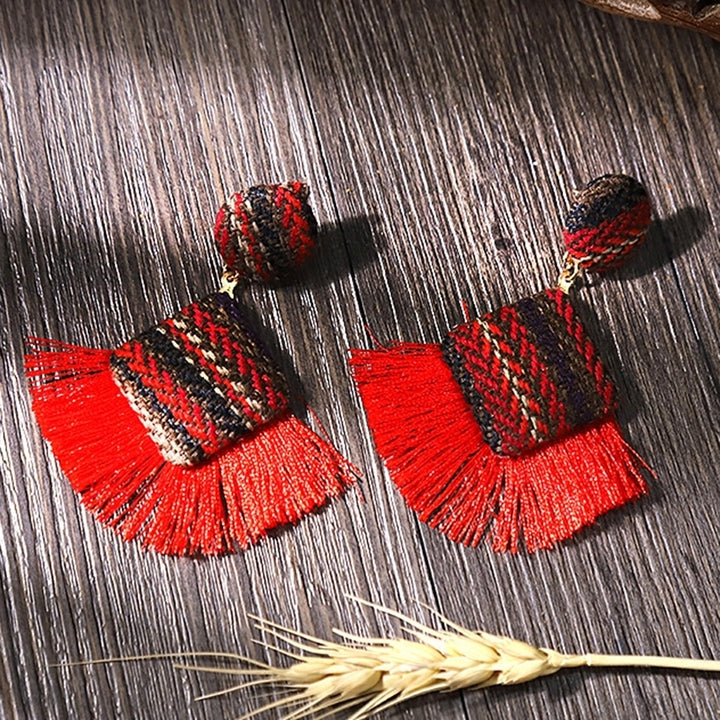 Retro Rhombic Fan Fringe Tassel Charm Woven Statement Stud Earrings Lady Jewelry Image 2