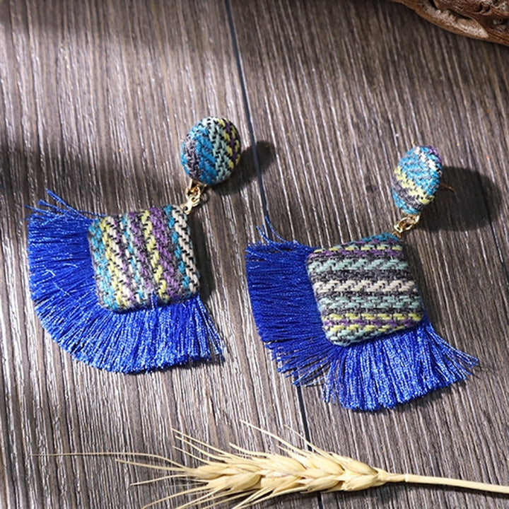 Retro Rhombic Fan Fringe Tassel Charm Woven Statement Stud Earrings Lady Jewelry Image 3