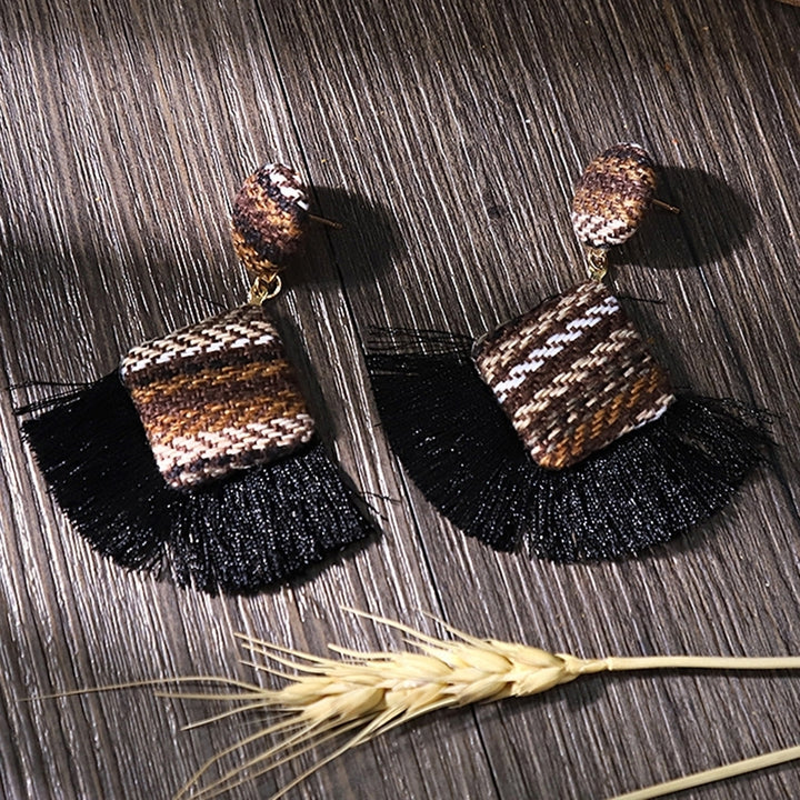 Retro Rhombic Fan Fringe Tassel Charm Woven Statement Stud Earrings Lady Jewelry Image 4