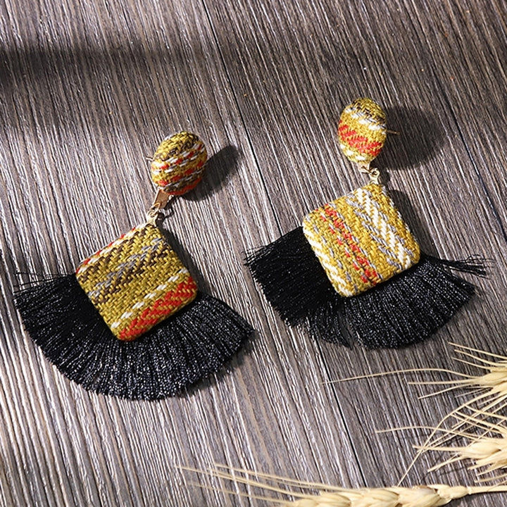 Retro Rhombic Fan Fringe Tassel Charm Woven Statement Stud Earrings Lady Jewelry Image 4