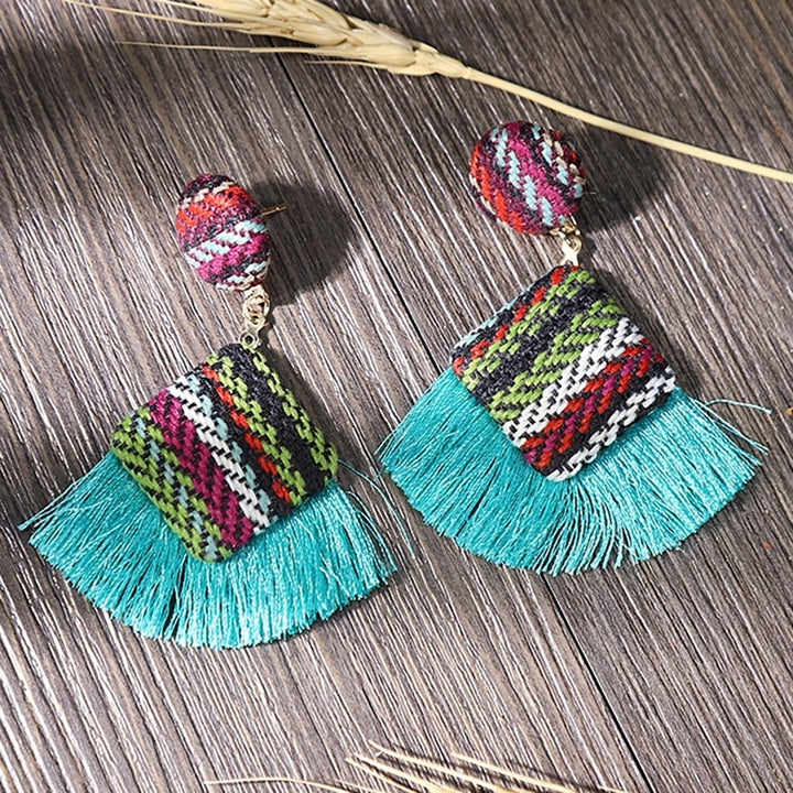 Retro Rhombic Fan Fringe Tassel Charm Woven Statement Stud Earrings Lady Jewelry Image 6