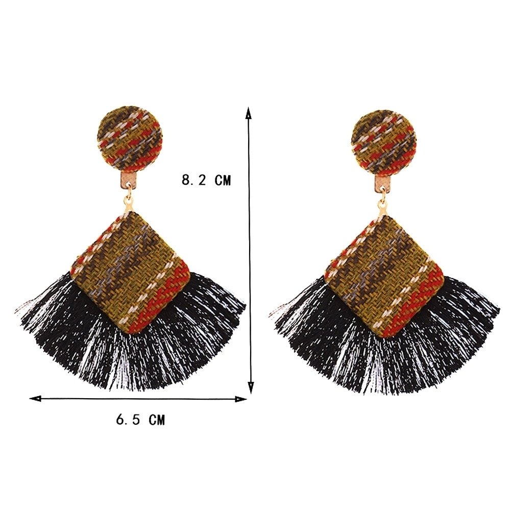 Retro Rhombic Fan Fringe Tassel Charm Woven Statement Stud Earrings Lady Jewelry Image 7