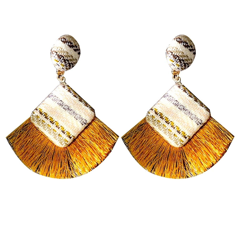 Retro Rhombic Fan Fringe Tassel Charm Woven Statement Stud Earrings Lady Jewelry Image 8