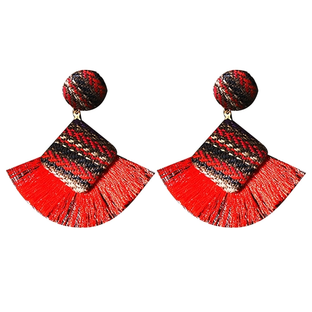 Retro Rhombic Fan Fringe Tassel Charm Woven Statement Stud Earrings Lady Jewelry Image 9