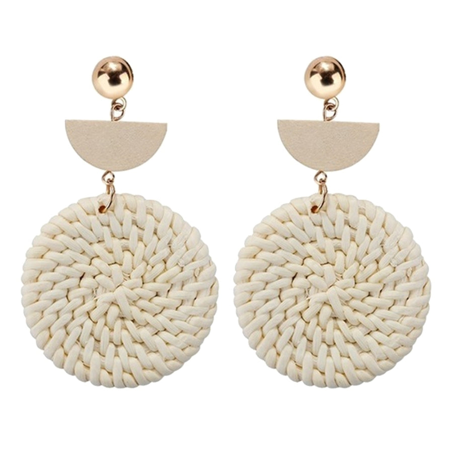 Bohemia Hand-woven Braid Round Pendant Drop Earrings Wooden Straw Rattan Jewelry Image 1