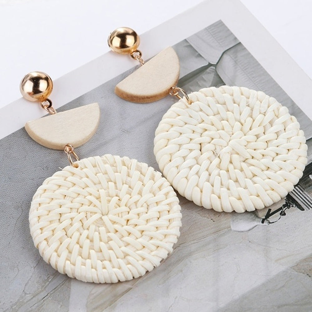 Bohemia Hand-woven Braid Round Pendant Drop Earrings Wooden Straw Rattan Jewelry Image 3