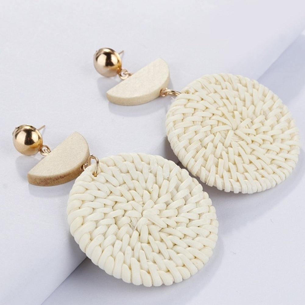 Bohemia Hand-woven Braid Round Pendant Drop Earrings Wooden Straw Rattan Jewelry Image 6