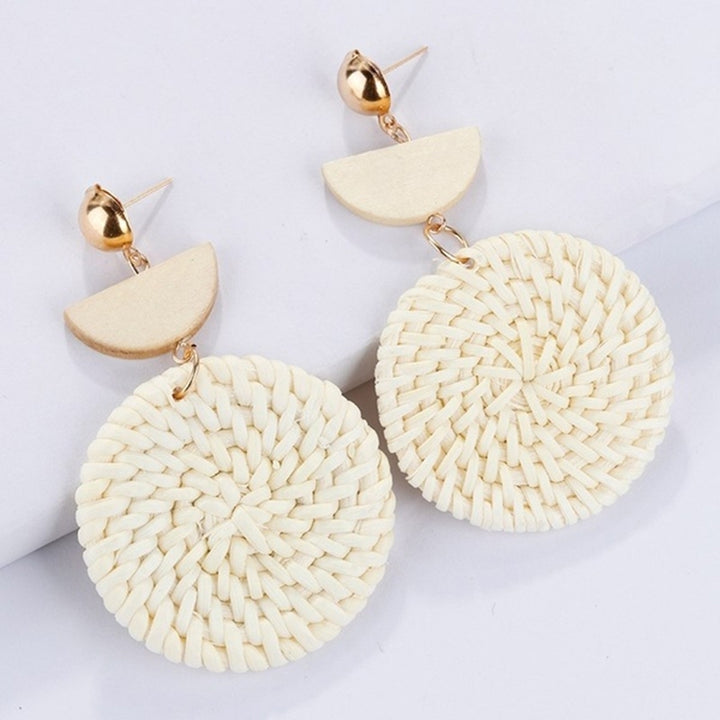 Bohemia Hand-woven Braid Round Pendant Drop Earrings Wooden Straw Rattan Jewelry Image 7