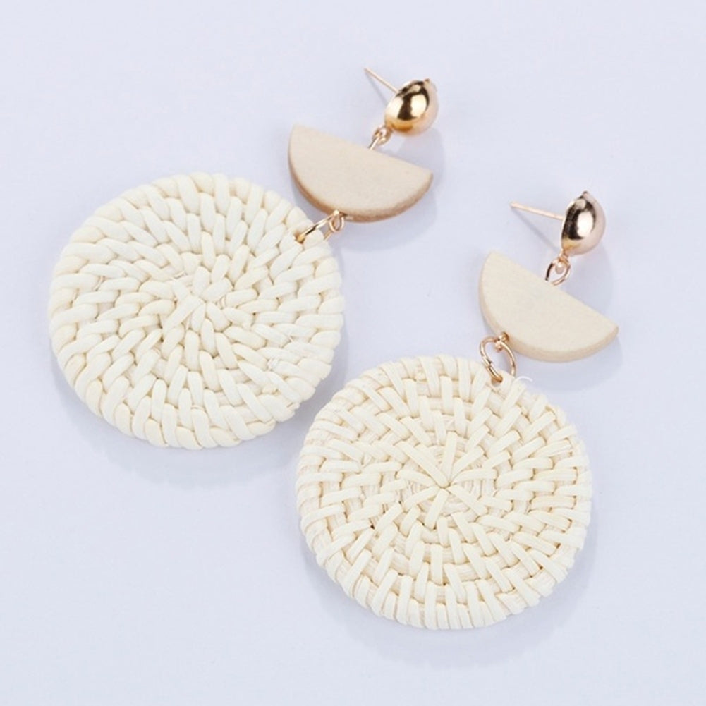 Bohemia Hand-woven Braid Round Pendant Drop Earrings Wooden Straw Rattan Jewelry Image 8