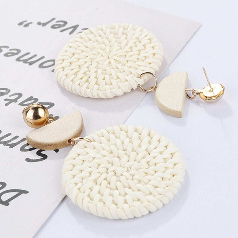 Bohemia Hand-woven Braid Round Pendant Drop Earrings Wooden Straw Rattan Jewelry Image 9