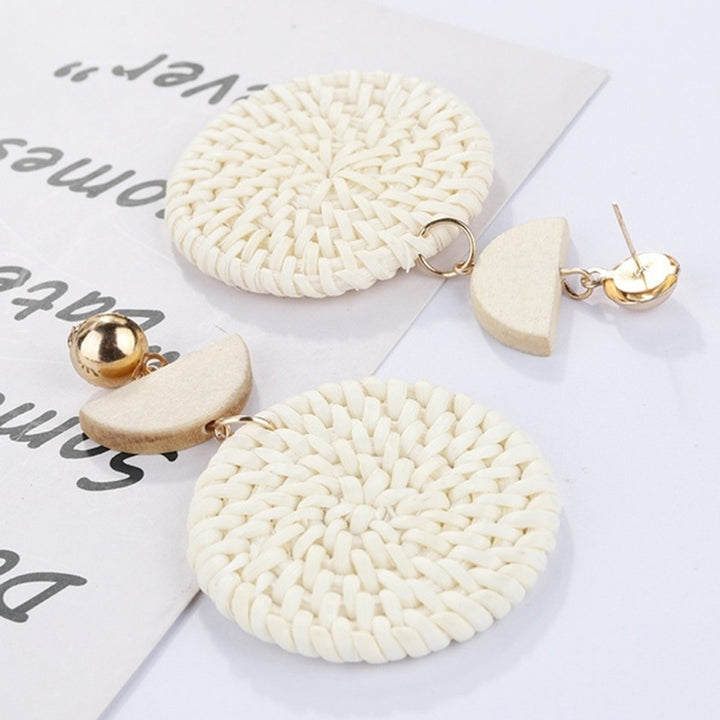 Bohemia Hand-woven Braid Round Pendant Drop Earrings Wooden Straw Rattan Jewelry Image 9