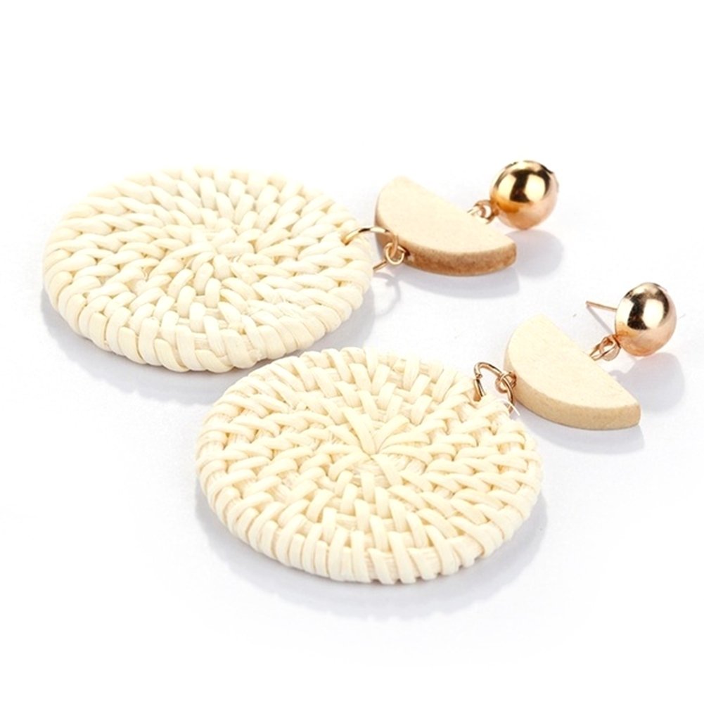 Bohemia Hand-woven Braid Round Pendant Drop Earrings Wooden Straw Rattan Jewelry Image 10