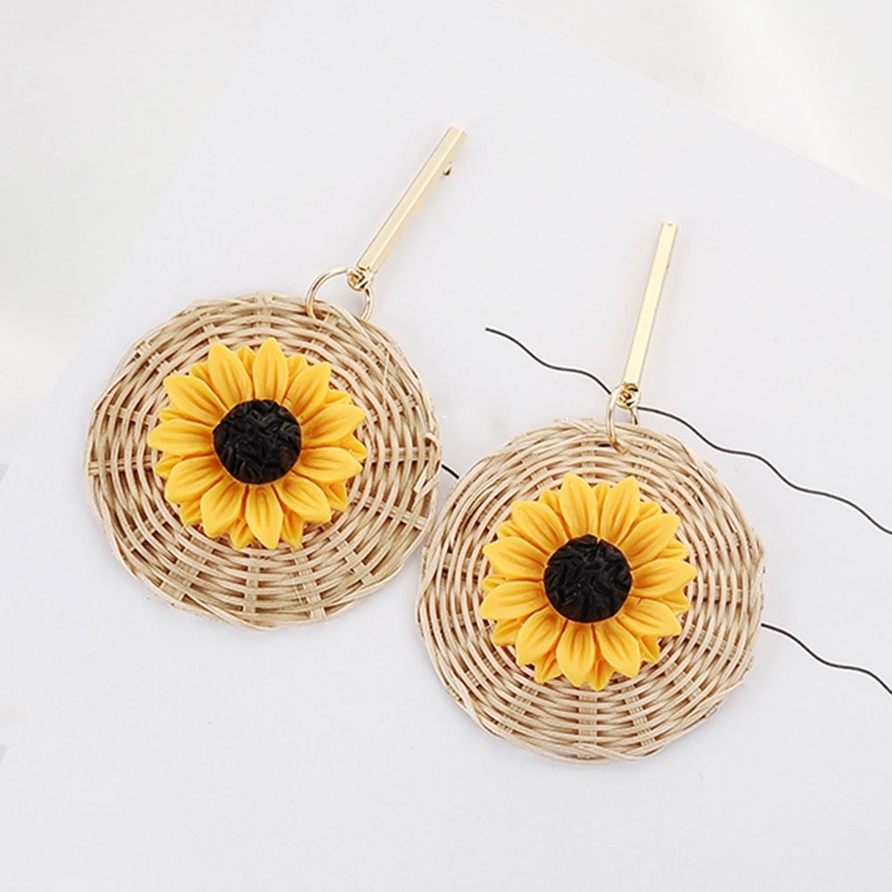 Boho Sunflower Rattan Woven Round Pendant Statement Women Stud Earrings Jewelry Image 2