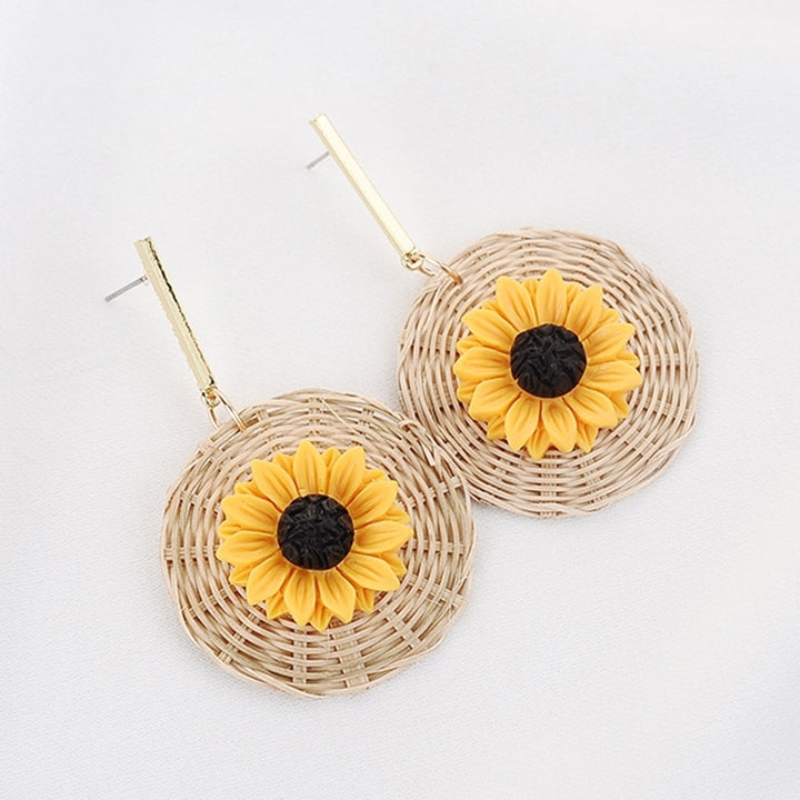 Boho Sunflower Rattan Woven Round Pendant Statement Women Stud Earrings Jewelry Image 3