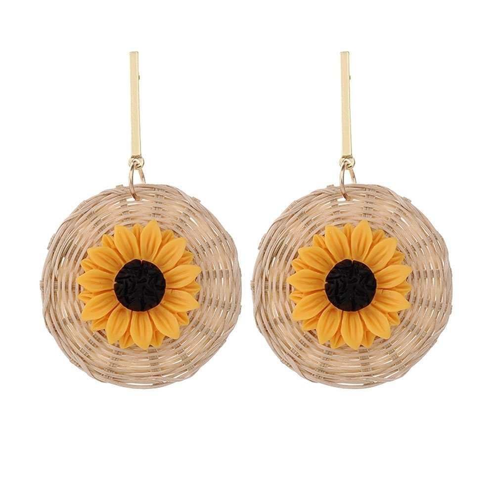 Boho Sunflower Rattan Woven Round Pendant Statement Women Stud Earrings Jewelry Image 4