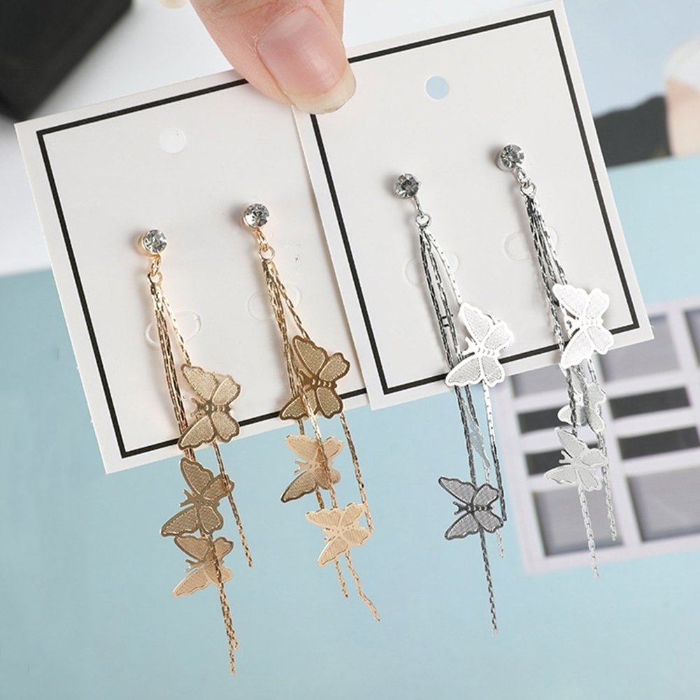 Fashion Women Butterfly Tassel Long Dangle Rhinestone Stud Earrings Jewelry Image 1