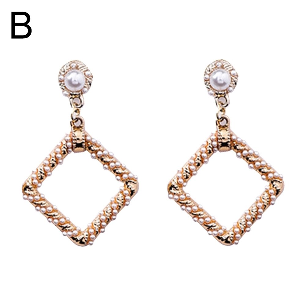 Baroque Hollow Square Circle Faux Pearl Charm Stud Earrings Women Jewelry Gift Image 3