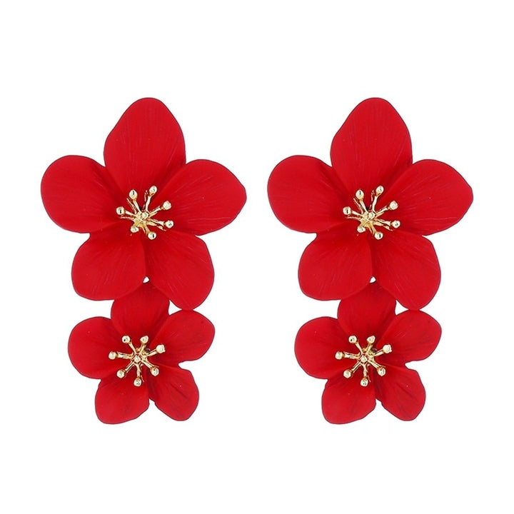 Sweet Women Solid Color Dual Flower Long Dangle Stud Earrings Party Jewelry Image 4