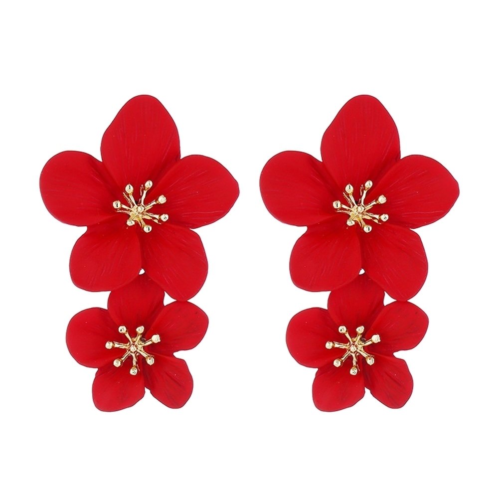 Sweet Women Solid Color Dual Flower Long Dangle Stud Earrings Party Jewelry Image 1