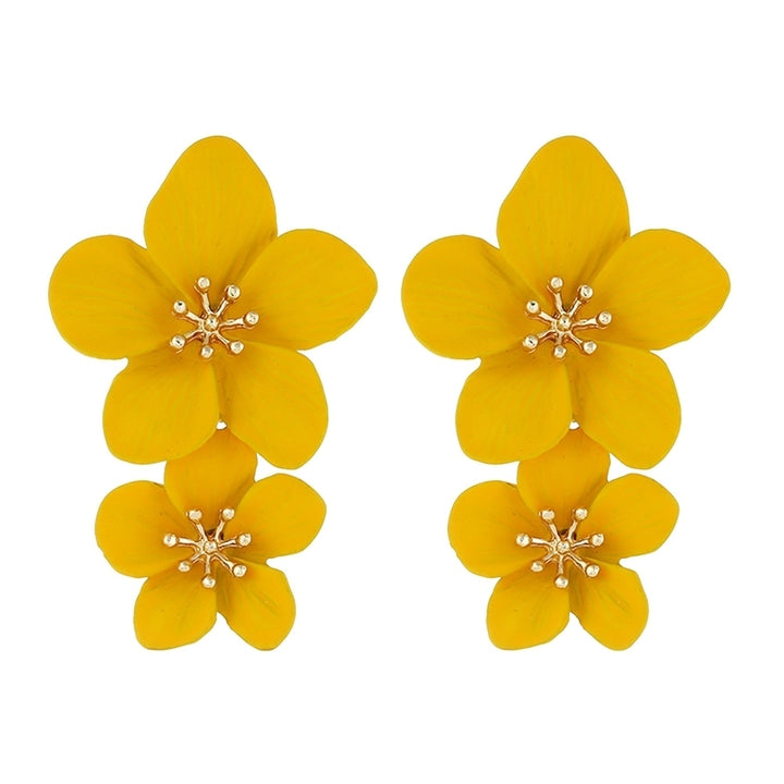 Sweet Women Solid Color Dual Flower Long Dangle Stud Earrings Party Jewelry Image 4