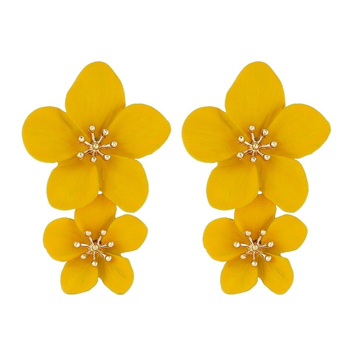 Sweet Women Solid Color Dual Flower Long Dangle Stud Earrings Party Jewelry Image 1