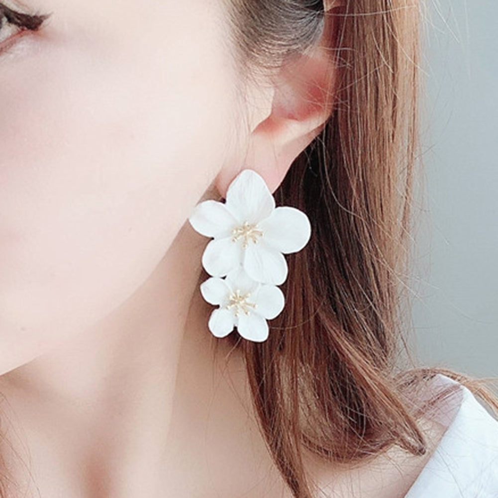 Sweet Women Solid Color Dual Flower Long Dangle Stud Earrings Party Jewelry Image 6