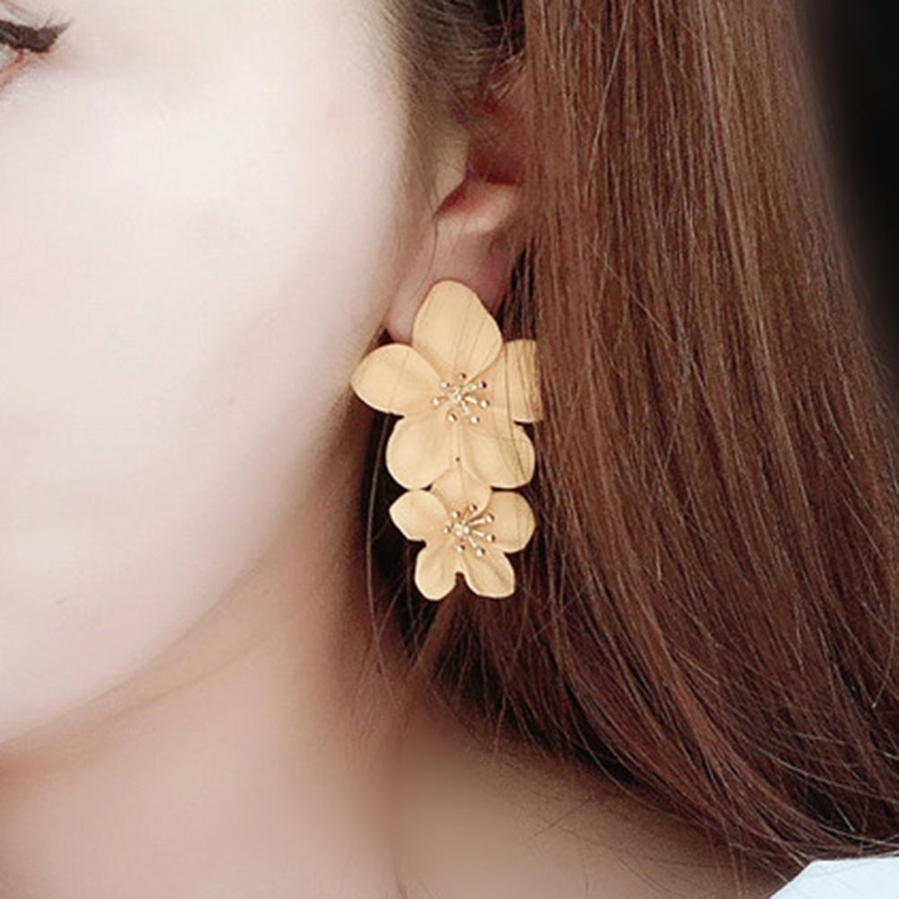 Sweet Women Solid Color Dual Flower Long Dangle Stud Earrings Party Jewelry Image 7