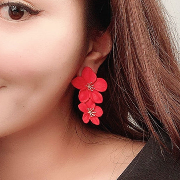 Sweet Women Solid Color Dual Flower Long Dangle Stud Earrings Party Jewelry Image 8